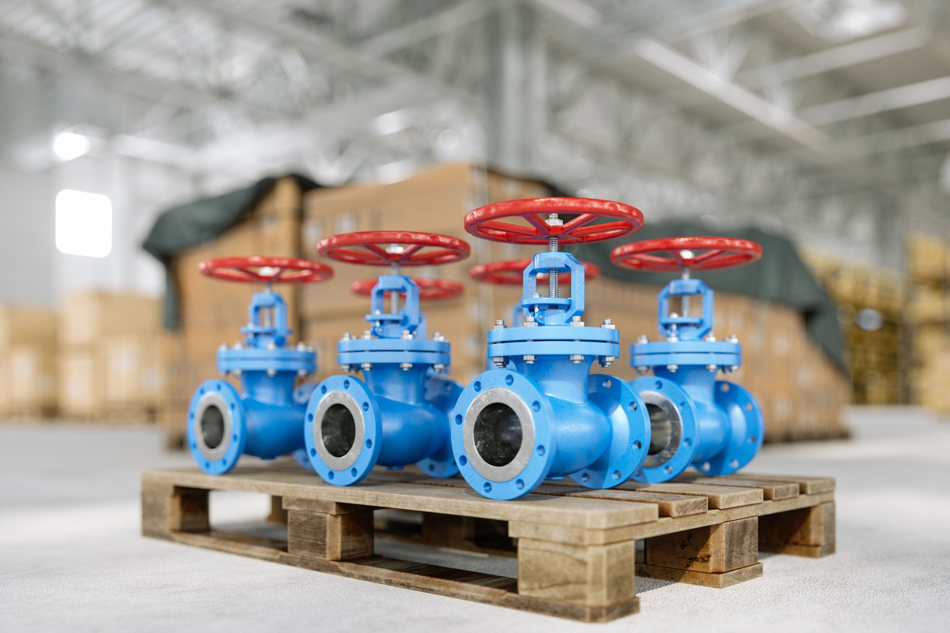 Close-up View Of Pipelines With Red Valves On Pallet In Warehouse